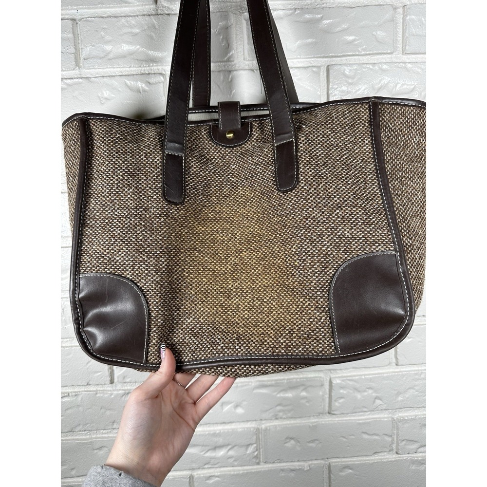 IZOD Brown Tweed Tote Bag Faux Leather Trim‎ Large Shoulder Bag - Picture 9 of 10